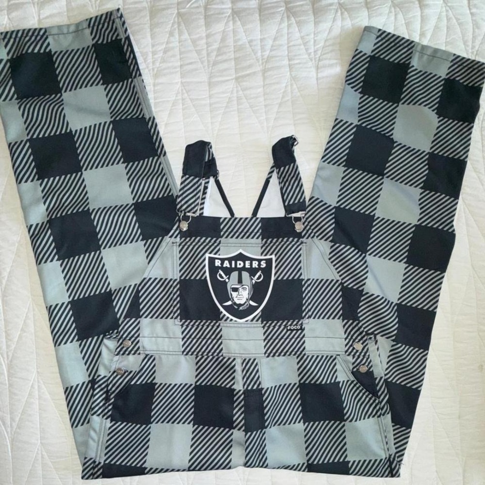 FOCO NFL Las Vegas Raiders Mens XL Plaid Bib Overalls Black Grey‎ Gameday Gear